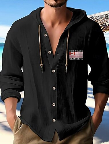  Per uomo Camicia bianca di cotone Camicia casual Camicia con Bottoni Camicia di cotone Bandiera Vacanza Streetwear Nero Bianco Blu Cachi Manica Lunga Con Cappuccio Primavera & Estate Abbigliamento