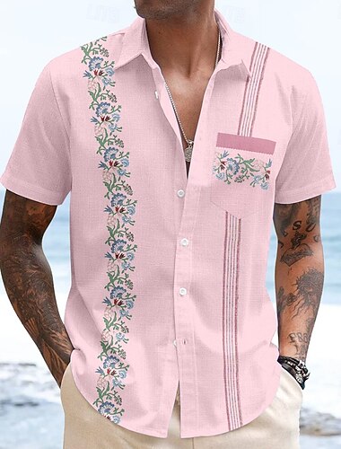  Herren Gestreift Blumendruck Blumen Guayabera Hemd Sommer Hawaiihemd Knopfhemd Kurzarm Hawaiianisch Urlaub Alltagskleidung Strandbekleidung Sommer Frühling Umlegekragen Hemden mit Kragen Eine Tasche