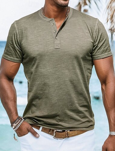  Homens Camiseta Camisa Henley T-shirt Manga Curta Tecido Designer Básico Contemporâneo Moderno Botões Henley Férias Rua Para Noite Verão Preto Branco Azul Marinha Camiseta Henley