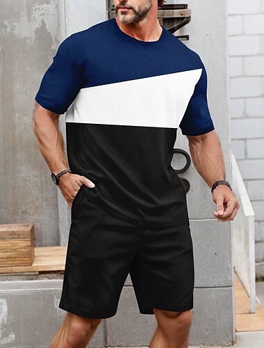  Herren Horizontale Streifen 2St T-Shirts-Sets Sommeroberteile Kurzarm Kurze Hosen Rundhalsausschnitt Sport Lässig Outdoor Urlaub Sport 3D-Druck Sommer Schwarz Braun Dunkelblau