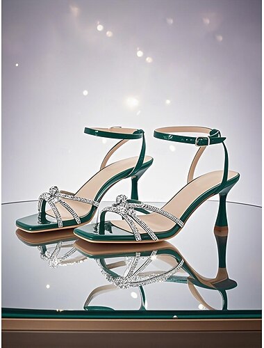  Sandalias negras de tacón bajo con tiras y diamantes de imitación para mujer: elegantes zapatos de noche para cócteles.