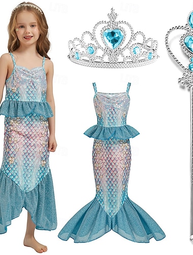  Die kleine Meerjungfrau Kleine Meerjungfrau Prinzessin Meerjungfrau Kleid Themenparty-Kostüm Cosplay Film Cosplay for Mädchen Kinder Karneval Maskerade Party Ferien