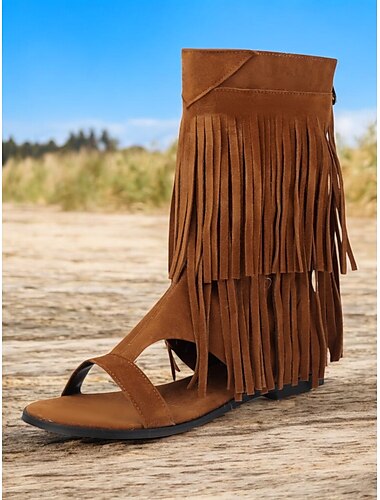  Damen-Gladiatorsandalen im Boho-Stil mit Fransen – flache Sandalen mit offener Spitze und Quastendetails für sommerliche Strandbekleidung, Festivals und lässige Outfits