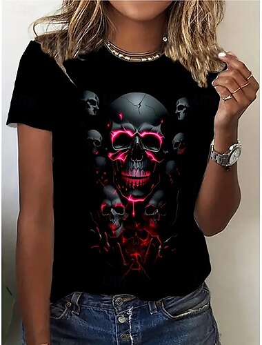  Damen T Shirt Sommeroberteile Grafik Schädel Klassisch Lässig Kurzarm Rundhalsausschnitt Crop Tops Täglich Wochenende Druck Schwarz Sommer Frühling Herbst