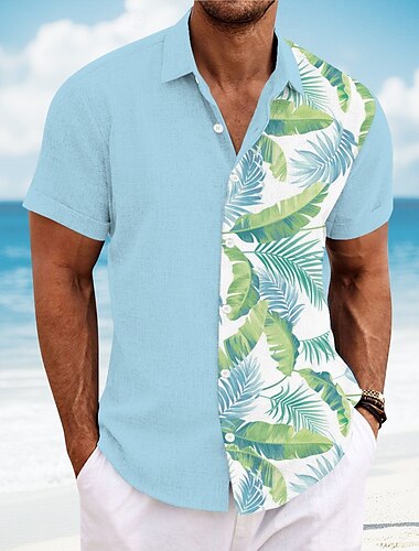  Men's Palm Leaf Tropical Plants Shirt Summer Hawaiian Shirt Button Up Shirt Short Sleeve Hawaiian Vacation Dailywear Beach Wear Summer Spring Turndown 3D Print Collared Shirts White Blue Green