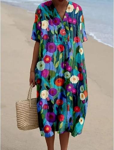  Robe Femme Midi Robe d'été A Line Lin Vacances Décontractée Plage Sortie Ajustement Large Graphique Fleurs Manches Courtes Col en V Jaune Bleu Été Plage