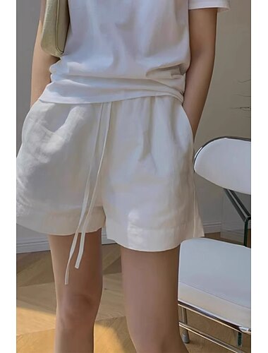  Dam Shorts i bomullslinne Shorts Byxor Streetwear Ledigt Kort Naturlig Slät Ficka Elastisk dragsko-design Mateial som andas Mjuk Bekväm Microelastisk Ledigt Dagliga kläder Vit Sommar Normal