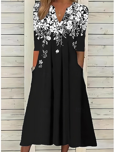  Per donna Abito Midi Abito nero Abito a trapezio Vacanza Vintage Boho Vacanza Casuale Quotidiano Vestibilità regolare Floreale Mezza Manica Collo a Spacco Nero Estate Primavera