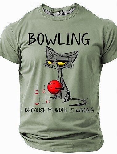  Camiseta Gráfica Engraçada Masculina Gato Rabugento Boliche 'Porque Assassinato Está Errado' Camiseta de Manga Curta Hobbies Lifestyle