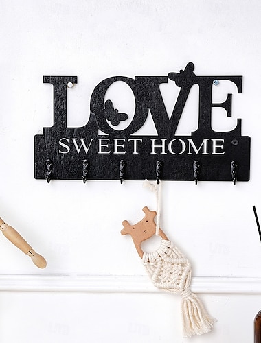  Wall-Mounted Letter Hook Rack – Novelty Wooden Panel with Metal Hooks for Keys, Cleaning Tools & Storage, Decorative Hanging Organizer for Bathroom, Kitchen & Pantry