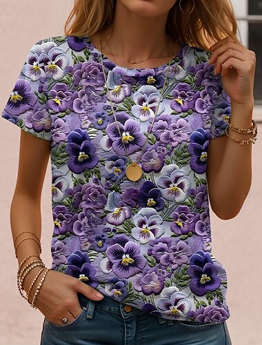  Damen T Shirt Blumen Lässig Kurzarm Rundhals Normale Oberteile Täglich Druck Weiß Gelb Rosa Purpur Grün Sommer