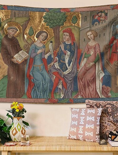  Keskiajan Gobeliini Keskiaika Gobeliini Goottinen Taide Suuri Gobeliini Seinämaalaus Decor Verho Koti Makuuhuone Olohuone Koriste Istuva hallitsija kahden naisen ja pyhän kanssa