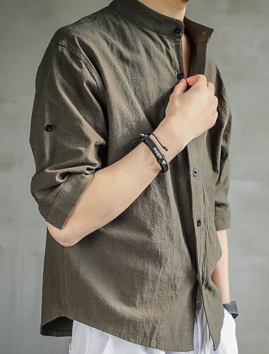  Herren Baumwoll-Leinen-Hemd Einfach Urlaub Schwarz Weiß Grün Halbarm Großvaterkragen Sommer Bekleidung Button-Down