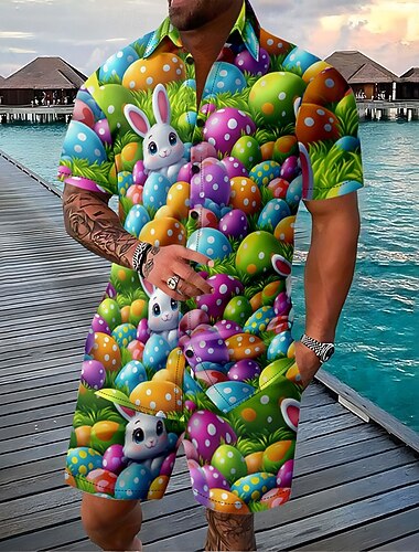  Pasen Voor heren Konijn 2 stuks Overhemden Sets Zomer tops Korte mouw Korte broek Strijkijzer Casual Buiten Casual Dagelijks 3D-afdrukken Zomer Regenboog