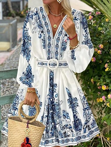  Dame Midikjole Boho-kjole Print kjole Mode Lanterne Ærme udendørs Ferie I-byen-tøj Regulær Blomst Langærmet V-hals Blå Sommer