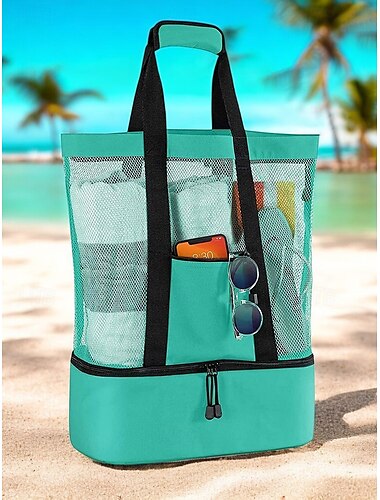  große Netz-Strandtasche mit isolierter Kühlbox – wasserdichte Reise-Umhängetasche für Damen und Herren, leichte, sanddichte Picknicktasche für Pool, Urlaub, Camping und Outdoor-Aktivitäten