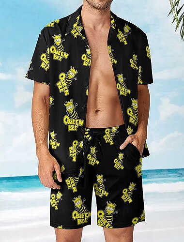  Voor heren Bij 2 stuks Overhemden Sets Hawaiiaans overhemd Korte mouw Korte broek Strijkijzer Vakantie Casual Dagelijks Vakantiekleding 3D-afdrukken Zomer Zwart