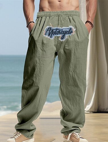  Herren Leinenhosen Hose Sommerhose Strandhose Bestickt Kordelzug Gerader Schnitt Einfach Komfort Atmungsaktiv Volle Länge Lässig Täglich Ferien Mode Hip-Hop Schwarz Weiß
