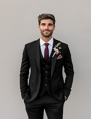  Herren Hochzeitsanzüge Schwarz Burgunder Sommer Einfarbig Standard Fit 3-teilig Einreiher Zwei Knöpfe