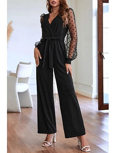  Női Szabályos Jumpsuitek Utcai sikk Tömör szín Hosszú ujj V-alakú Csipke Kollázs Alkalmi Hétvége Normál Fekete Nyár