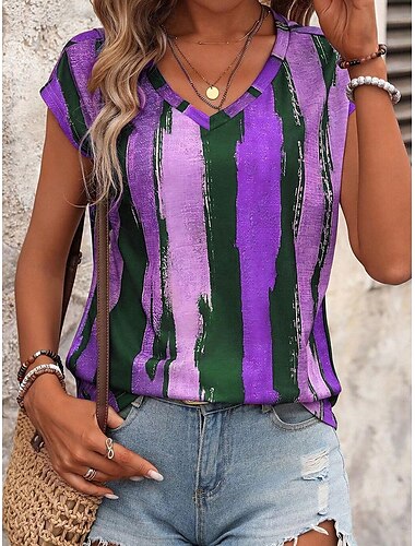  Damen-Camisole-Top Gestreift Stylisch Lässig Kurzarm V-Ausschnitt Reguläre Tops Täglich Druck Blau Sommer
