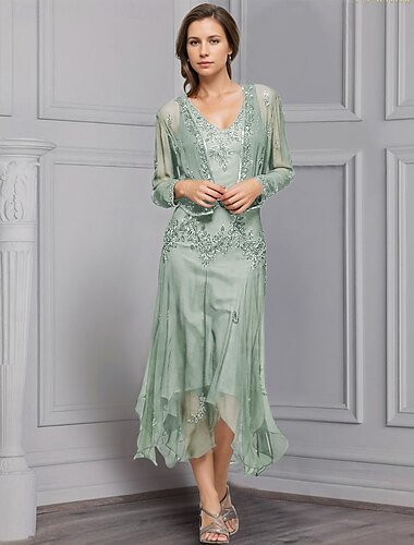  tweedelig a-lijn jurkpak moeder van de bruid jurk elegant vintage sprankelend&amp;glans v-hals asymmetrische enkellengte chiffon lange mouw met kant applicaties 2025