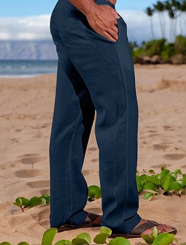  Homme Pantalons en Lin Pantalons Pantalon d'été Pantalons Amples Pantalons de Plage Cordon de serrage Taille Élastique Jambe Droite Uni Confort Respirant Longueur complète Quotidien Fête Plage