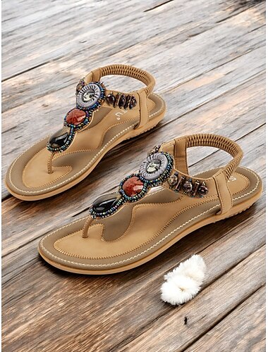  „Damensandalen im Bohemian-Stil mit Perlenbesatz – stylische flache Sandalen mit elastischem Riemen und Strassverzierungen, bequeme Sommer-Flip-Flops für Strand, Urlaub und Freizeit“