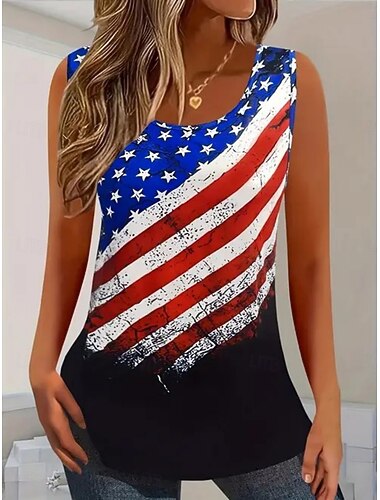  Γυναικεία Αμάνικη Μπλούζα Σημαία δυτικός Etnic Αμάνικο Στρογγυλή Ψηλή Λαιμόκοψη Κανονικά μπλουζάκια Καθημερινά Αργίες Στάμπα Ρουμπίνι Βαθυγάλαζο Καλοκαίρι