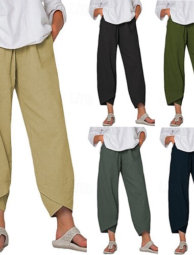  Damen Hose aus Baumwollleinen Stoffhosen Abgeschnittene Hose Streetwear Lässig Knöchellang Natürliche Taille Einfach Tasche Bequem Straße Alltagskleidung Grau Schwarz Rosa Wein Sommer Normale Passform