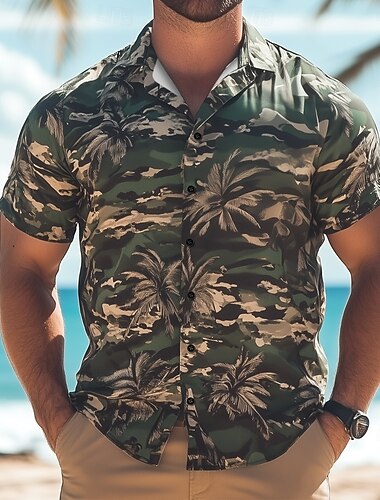  Pánské Rostliny Kamuflážní barva veteráni Košile Košile pro volný čas Košile na knoflíky Krátký rukáv Armádní armáda Venkovní Dovolená Streetwear Léto Jaro Přehnutý 3D tisk košile s límečkem Trávov
