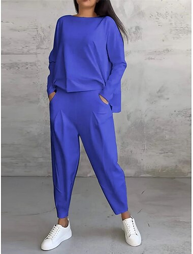 Damen 2 Teile Fashion Streetwear Alltag Sweatshirt Lange Ärmel Rundhals Unifarben Freizeit Alltag Schwarz Weiß Pink Sommer Reguläre Passform
