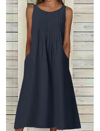  Damen Midikleid Kunstbaumwollleinen Shiftkleid Sommerkleid Mode Basic Modern Täglich Urlaub Ferien Normale Passform Einfach Ärmellos Rundhalsausschnitt Hellgrau Dunkelgray Sommer