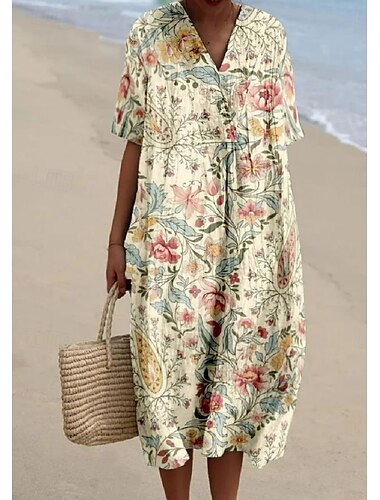 Robe Midi Femme Robe de Plage Robe en A Robe en Lin Vacances lin comme Casual Plage Sortir Ajustement Lâche Florale Graphique À Manches Courtes Col en V Jaune Clair Vert Clair Violet Clair