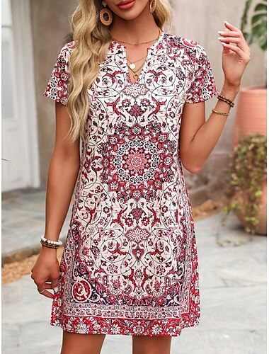  Damen Minikleid Shiftkleid Sommerkleid Lässig Täglich Normale Passform Grafik Stammes Kurzarm Einkerbiger Ausschnitt Rote Sommer Frühling