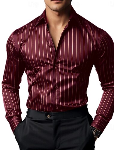  Herren Hemd Satinhemd Gestreiftes Hemd Lässiges Hemd Knopfhemd Gestreift Hochzeit Urlaub Schwarz Wein Marineblau Grün Langarm Kragen Frühling & Herbst Bekleidung