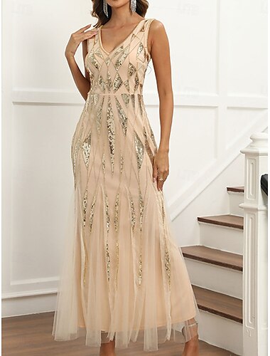  Kleid Brautmutterkleid Elegant Party V Ausschnitt Knöchellänge Polyester Ärmellos mit Paillette 2025