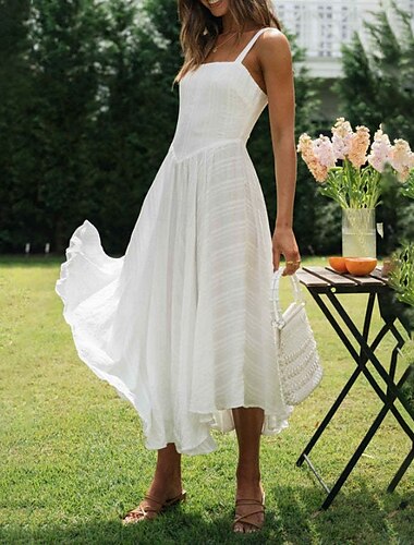  Per donna Abito Midi Abito Bianco Abito da laurea Abito Sottoveste Moda Compleanno Ferie Data Vestibilità regolare Semplice Senza Maniche Spalline sottili Bianco Estate
