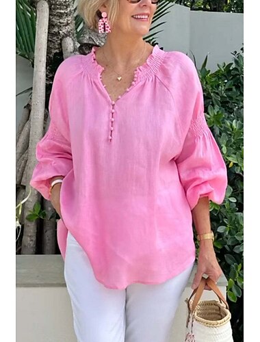  Femmes Chemisier Couleur Unie Élégant Occasionnel manche longue Col en V Hauts Réguliers Quotidien Fête Boutons Blanche Jaune Rose Claire Bleu Gris Été Printemps