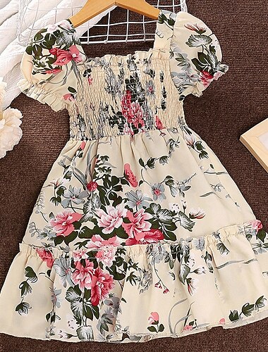  Kinder Mädchen Kleid Blume Kurzarm Outdoor Lässig Gerafft Puffärmel Mode Niedlich Polyester Über dem Knie Freizeitkleid A Linie Kleid Sommer Frühling Ab 4 Jahren Beige