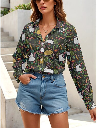  Pasqua Per donna Camicia Floreale Grafico Animale Casual Manica Lunga Colletto a Camicia Top Regolari Lavoro Quotidiano Bottoni Stampato Verde Estate Primavera Autunno