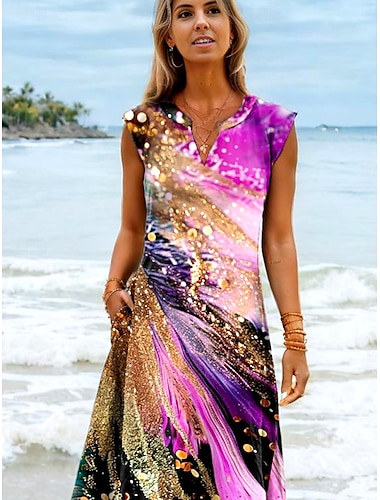  Damen Maxikleid Sommerkleid Shiftkleid Urlaub Boho Strand Party Strand Standard Passform Ombre Grafik Galaxie Ärmellos V Ausschnitt Rosa Sommer Frühling