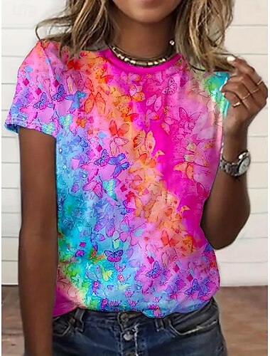  Per donna Maglietta Top estivi Farfalla Gradiente di Colore Classico Casual Manica Corta Girocollo Top corti Quotidiano Weekend Stampato Arcobaleno Estate Primavera Autunno
