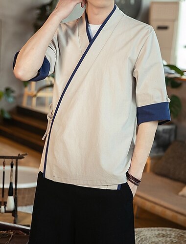  Herren Hemd leinenhemd Lässiges Hemd Baumwoll-Shirt Farbblock Urlaub Festtage Marineblau Aprikose Halbe Ärmel V Ausschnitt Sommer Bekleidung Patchwork