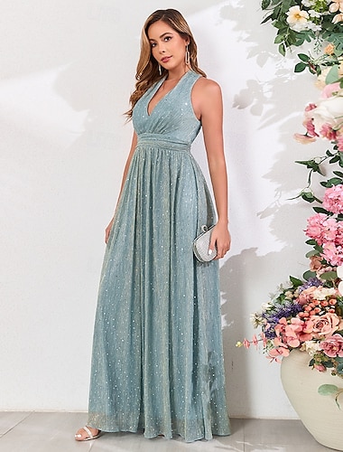  A-Line Wedding Guest Dresses Elegant Dress Wedding Guest Party Wear Floor Length Sleeveless V Neck Fall Wedding Guest Cotton Blend with Sequin