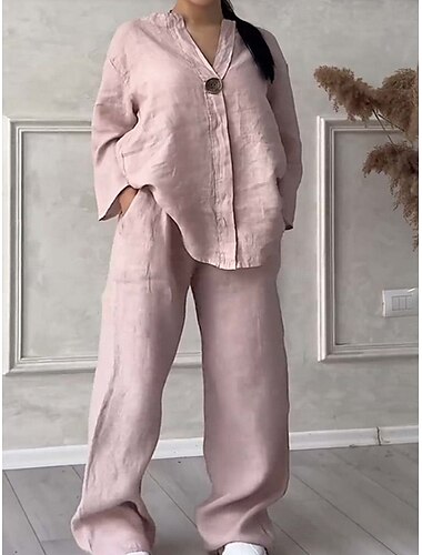  Damen Baumwoll-Leinen Set 2 Teile Baumwoll-Leinen Elegante Mode Streetwear Hemd Bluse Kurzarm Hemd Kragen Einfarbig Outdoor Arbeit Freizeit Weiß Rosa Armeegrün Sommer Reguläre Passform