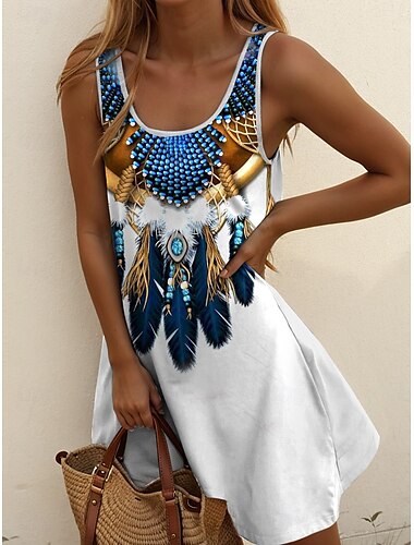  Damen Boho Kleid Western Kleid Vintage Mini Kleid A-Linie Kleid Off-The-Shoulder Kleid Urlaub Party Lässig Party Ausgehen Standard Fit Grafik Tribal Ärmellos U-Ausschnitt Dunkelbraun Blau Grün