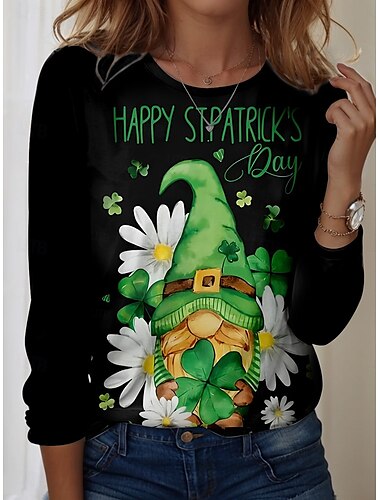  St. Patrick Damen T Shirt Kleeblatt Pflanzen Lässig Langarm Rundhalsausschnitt Normale Oberteile Täglich Druck Schwarz Weiß Grün Sommer Frühling