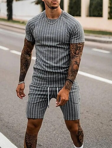  Hombre Tracksuit Conjunto de atuendo Bermudas Cuello Barco Exterior Diario Deportes Bolsillo Correa 2 Piezas Rayas Azul Real Caqui Gris Ligero Poliéster Ropa de Deporte Clásico Casual Verano
