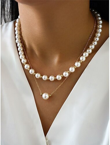  Collier de perles élégant à plusieurs niveaux pour femme – chaîne en or avec perles synthétiques blanches, bijoux vintage classiques pour mariages, fêtes et événements formels